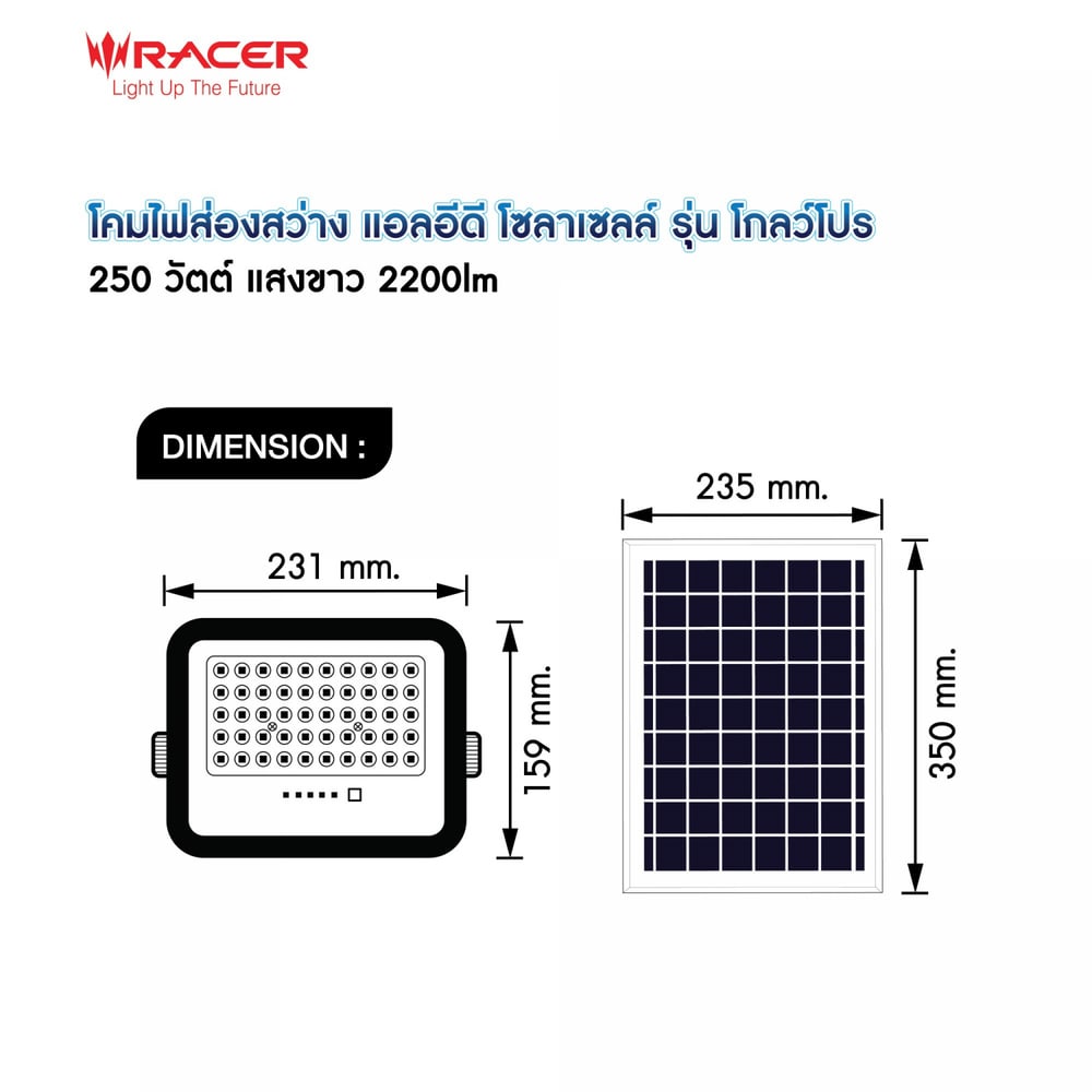 RACER โคมไฟฟลัดไลท์ แอลอีดี โซล่าเซลล์ รุ่น โกลว์โปร 250W แสงขาว (แพ็ก 2)