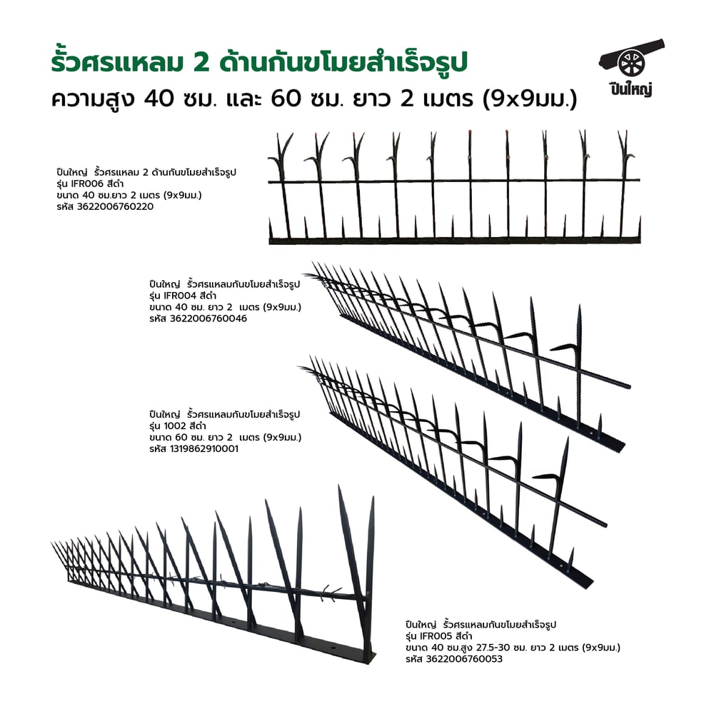 ปืนใหญ่ รั้วศรแหลมกันขโมยสำเร็จรูป ขนาด 60 ซม. ยาว 2 เมตร (9x9มม.) สีดำ