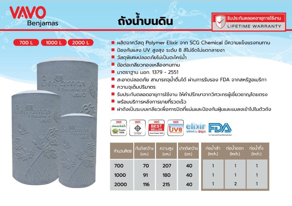 VAVO ถังเก็บน้ำบนดินแกรนิต 1000L รุ่น Benjamas