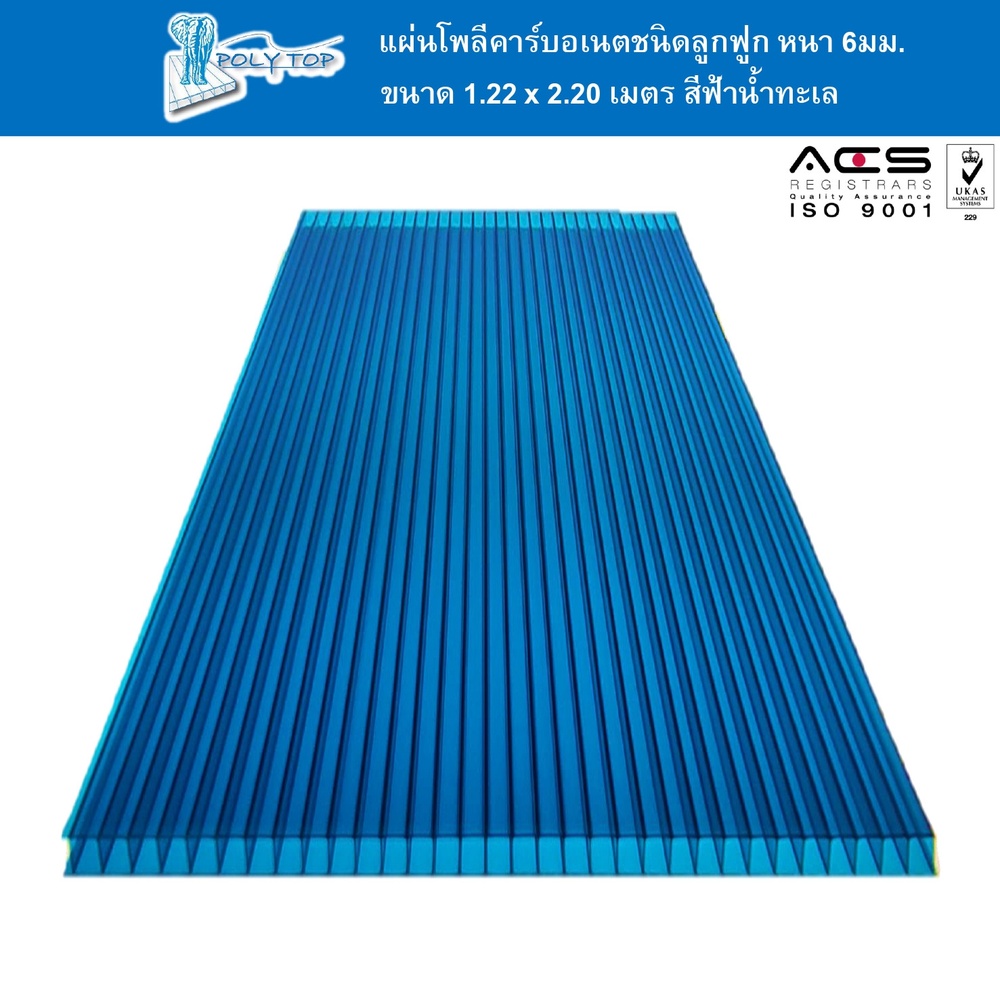 POLYTOP แผ่นโพลีคาร์บอเนต หนา 6มม. ขนาด 1.22 x 2.20 เมตร สีฟ้าน้ำทะเล