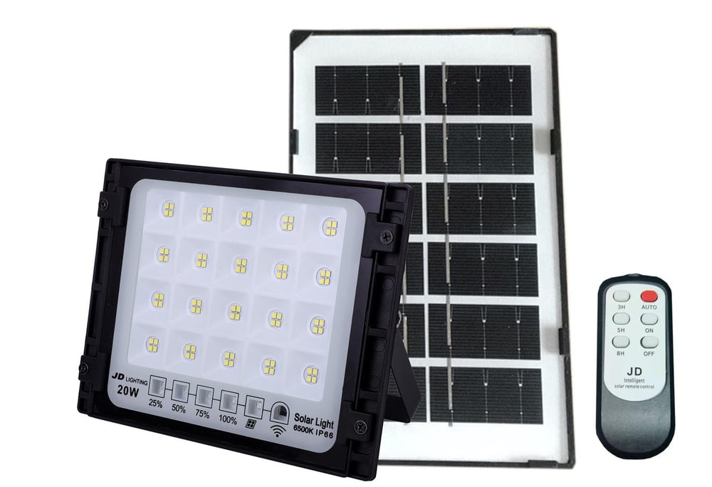 JD โคมไฟสปอร์ตไลท์โซลาร์เซลล์ 20W พร้อมรีโมท รุ่นJTGD-8820D+รีโมท IP65 แสงเดย์ไลท์