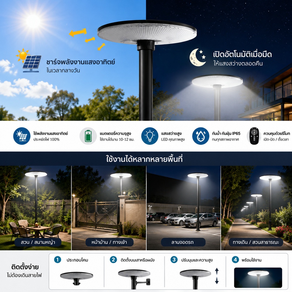 EILON โคมไฟสนาม UFO โซลาร์เซลล์ พร้อมรีโมท 2000W รุ่น ETYD-CGQF-2000DL แสงเดย์ไลท์ (เฉพาะตัวโคม)