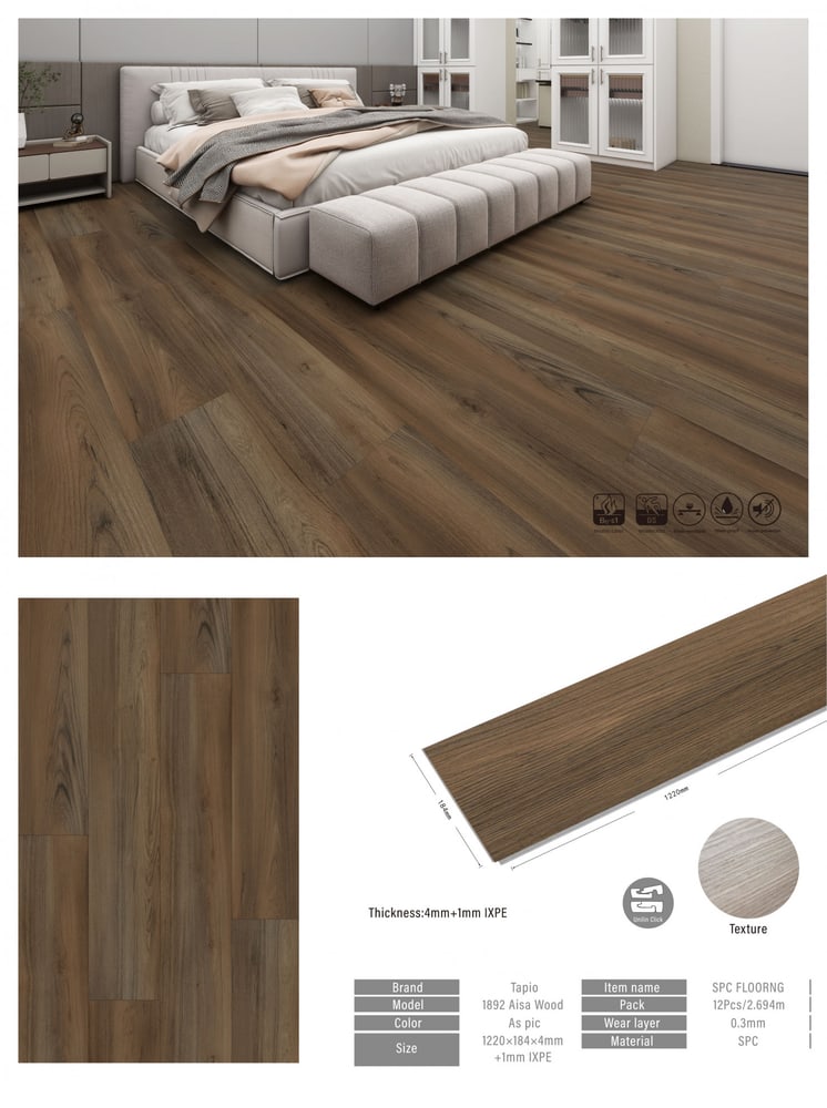 กระเบื้องยาง SPC Click lock 184x1220x4+1mm IXPE มม (มีโฟมในตัว) รุ่น 1892 (2.694ตรม./12แผ่น) TAPIO Asia Wood