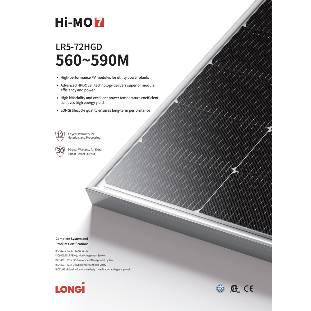 LONGI แผงโซล่าเซลล์ 580W MONOCRYSTALLINE รุ่น LR5-72HGD N-Type Bifacila 2,278 X 1,134 X 30mm สีดำ