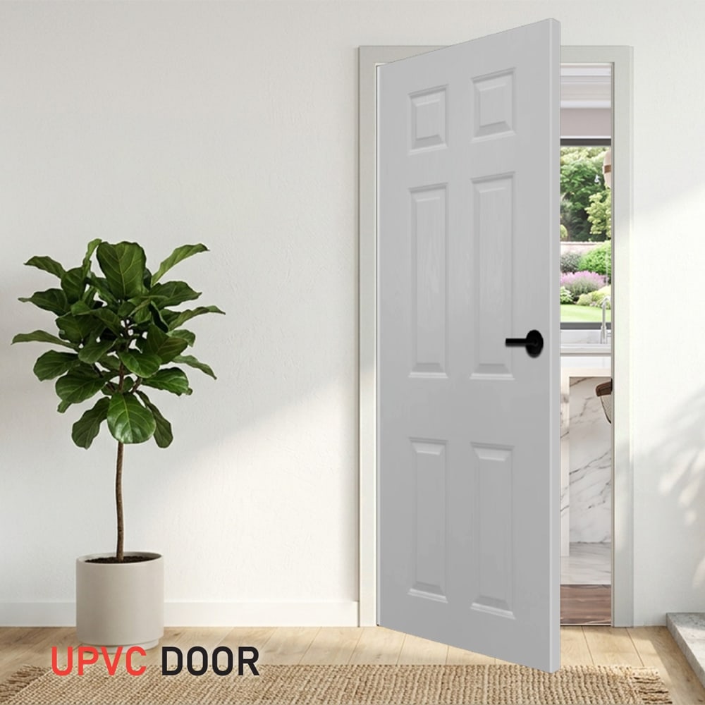 WELLINGTANประตูUPVCภายนอกบานลูกฟัก(6 ลูกฟัก)รุ่น S042 ขนาด 80x200ซม. สีขาวลายไม้(เจาะลูกบิด)