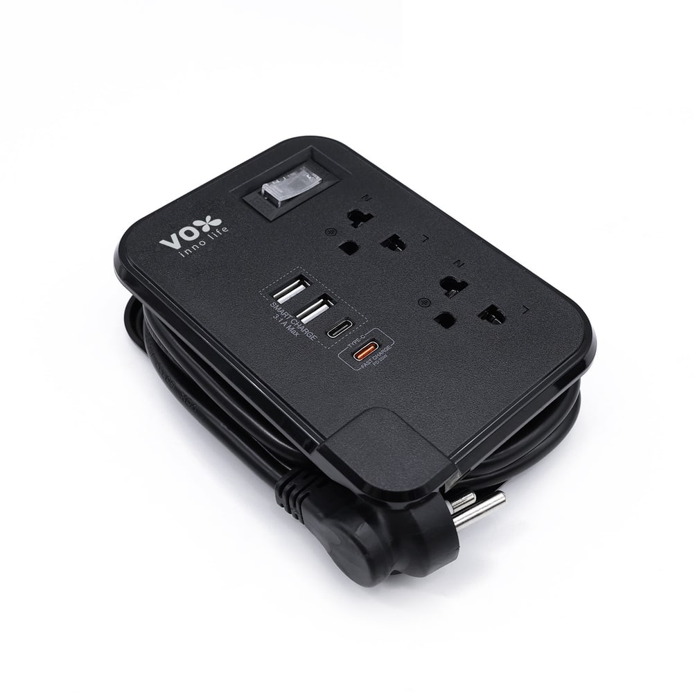 VOX รางปลั๊กไฟ 2 ช่อง 1 สวิตซ์ 2 USB 2 Type C PD20W Fast charge รุ่น F5ST3-NOB2-2134 1 เมตร. สีดำ