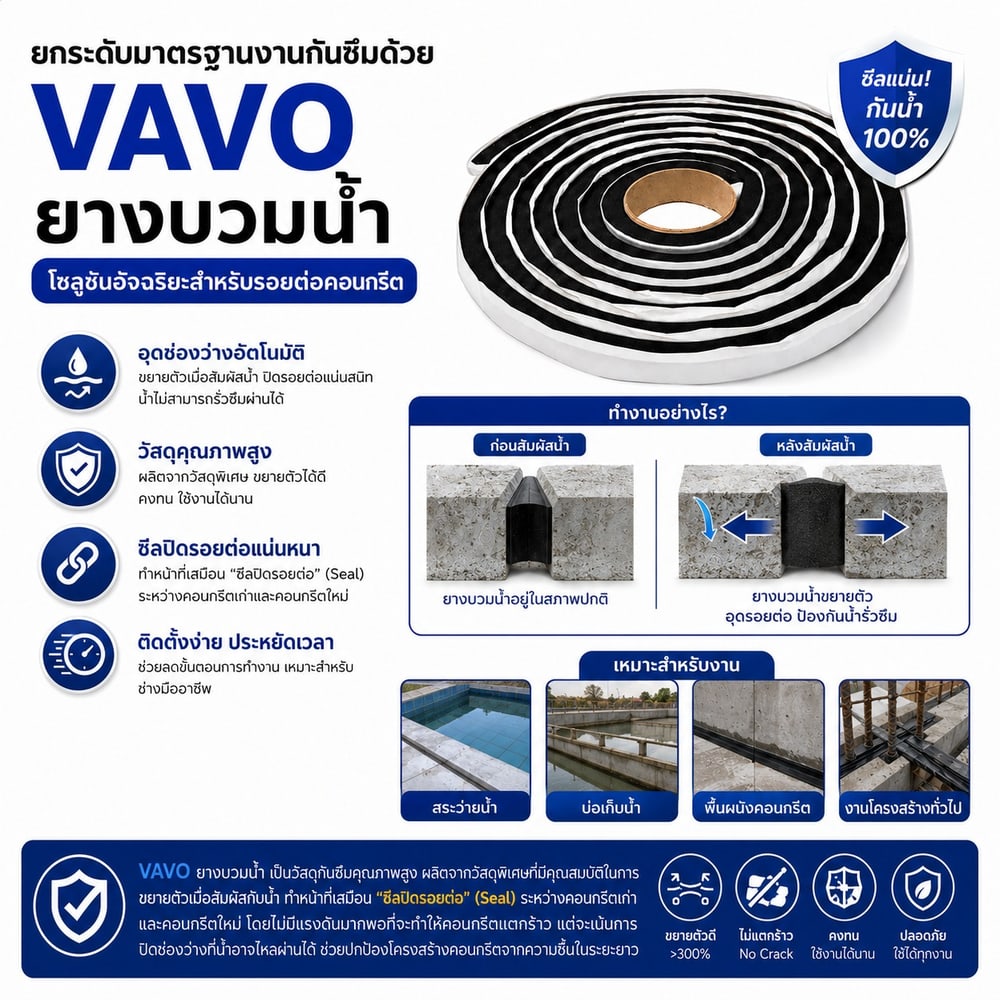 VAVO ยางบวมน้ำกันซึมสำหรับรอยต่อ ขนาด 20 x30 มม.ยาว 5เมตร สีดำ
