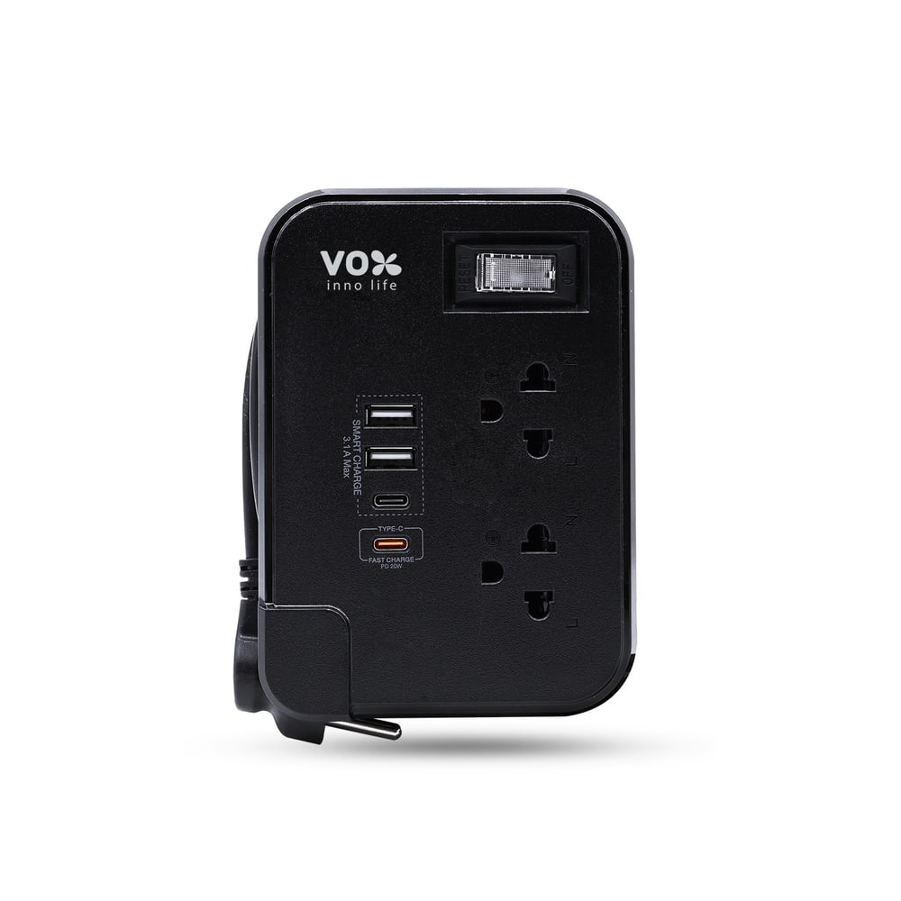 VOX รางปลั๊กไฟ 2 ช่อง 1 สวิตซ์ 2 USB 2 Type C PD20W Fast charge รุ่น F5ST3-NOB2-2134 1 เมตร. สีดำ