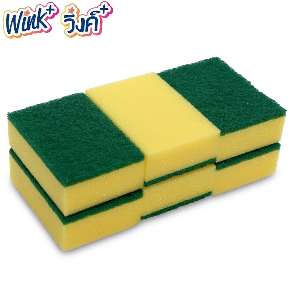 Wink Plus ฟองน้ำล้างจานพร้อมใยขัด แพ็ค 6 ชิ้น ขนาด 11x7.5x3.5 ซม. สีเหลือง/เขียว