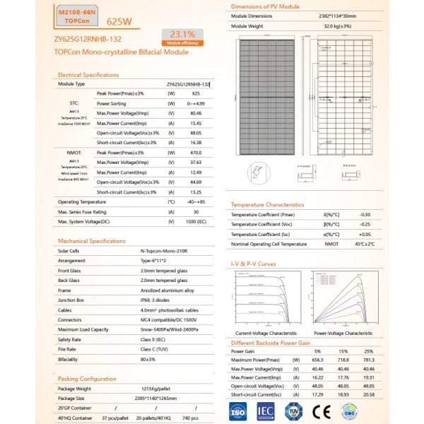 GT แผงโซล่าเซลล์ 625W MONOCRYSTALLINE รุ่น ZY625G12RNHB-132(625W) Dual Glass 2382x1134x30mm