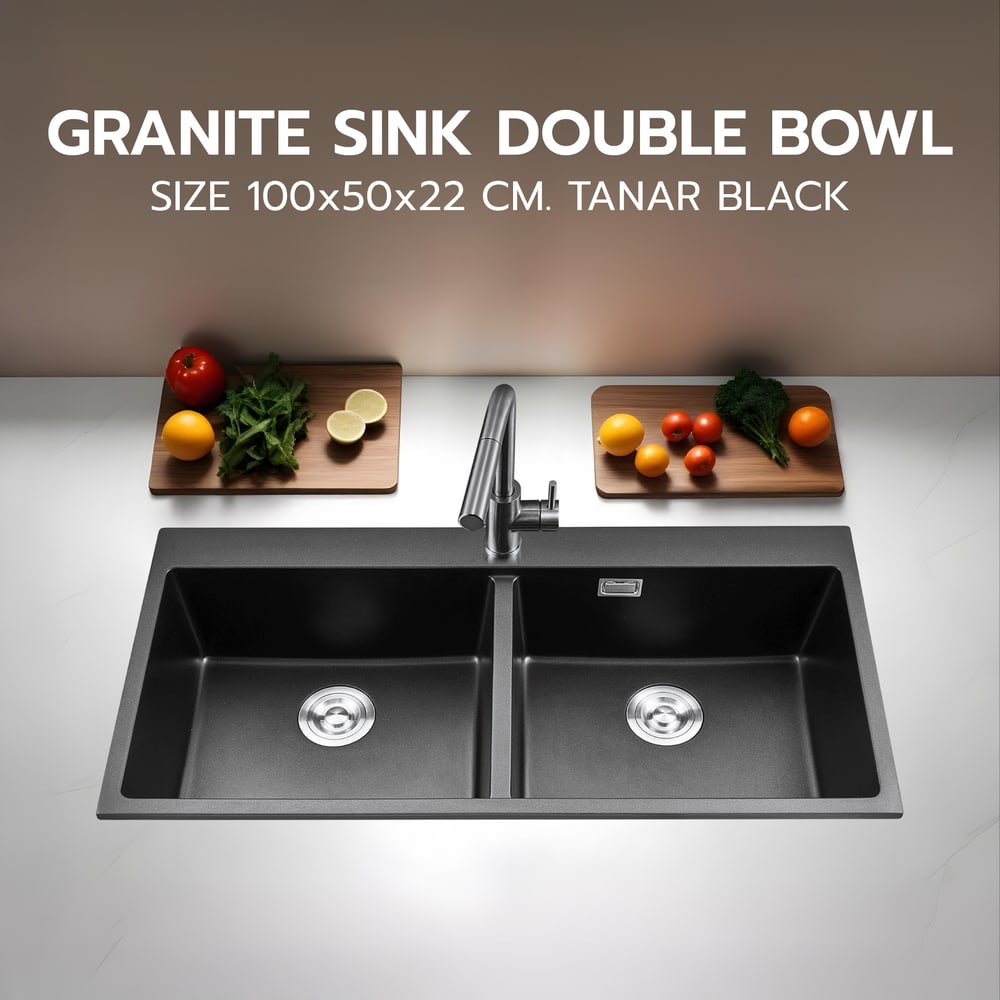 KOCH KITCHEN อ่างล้างจานแกรนิต 2 หลุมไม่มีที่พัก ขนาด 100X50X22 ซม. TANAR สีดำ