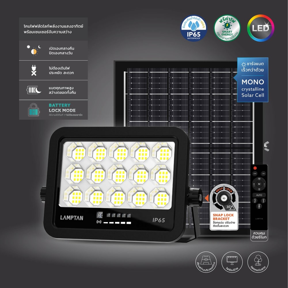 LAMPTAN โคมไฟฟลัดไลท์โซลาร์ LED 400W รุ่นไฟกัส แสงเดย์ไลท์