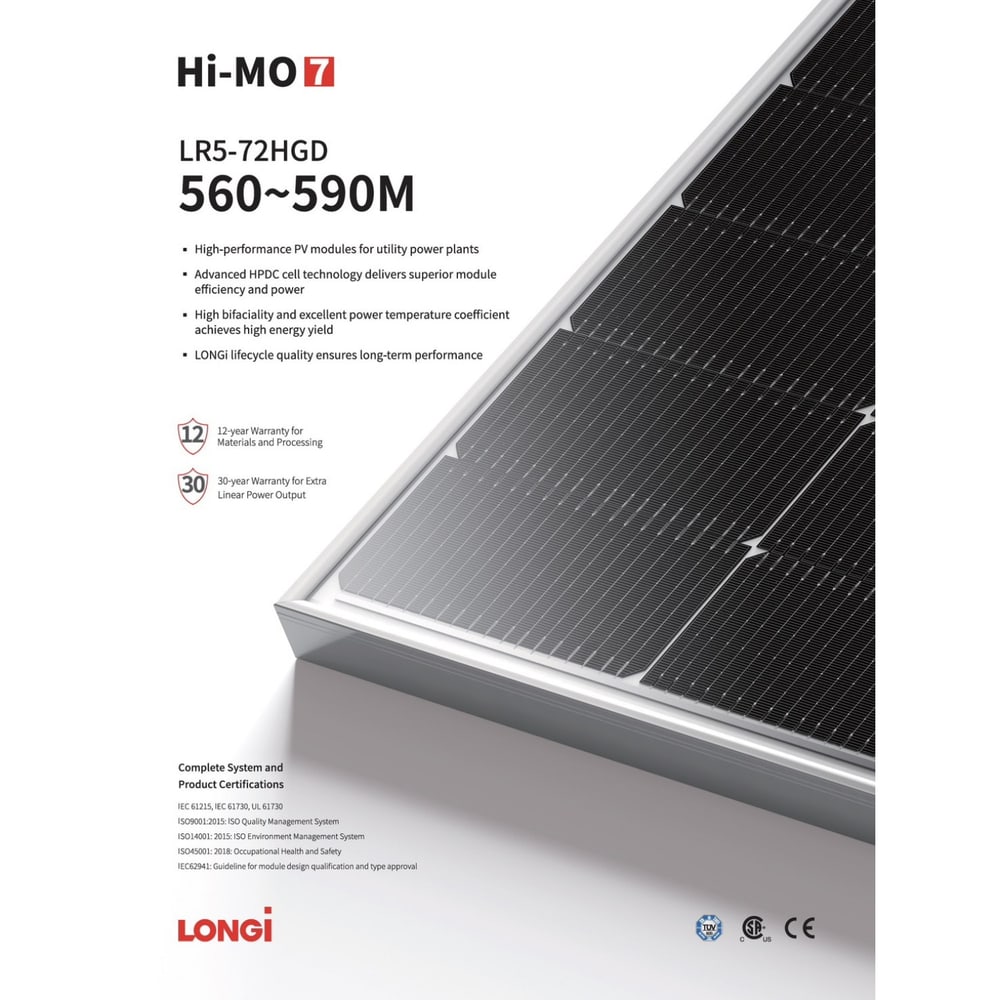 LONGI แผงโซล่าเซลล์ 580W MONOCRYSTALLINE รุ่น LR5-72HGD N-Type Bifacila 2,278 X 1,134 X 30mm สีดำ