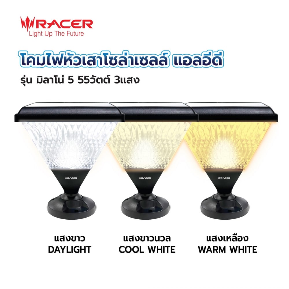 RACER โคมไฟหัวเสาโซล่าเซลล์ แอลอีดี รุ่น มิลาโน่5 55 วัตต์ สามแสง