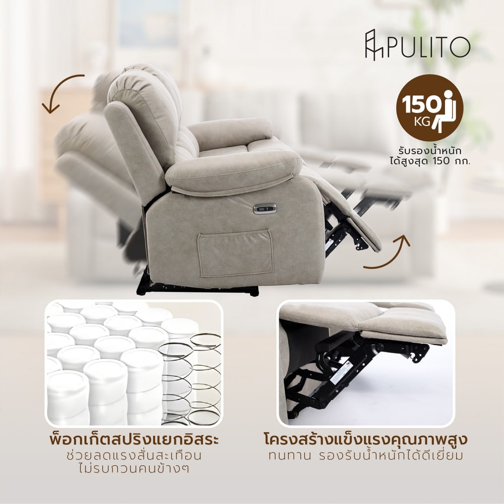 PULITO เก้าอี้พักผ่อนหนังสังเคราะห์ปรับระดับไฟฟ้า 1 ที่นั่ง รุ่น Lomon ขนาด 91x95-160x98.5-80 ซม. สีเทาอ่อน