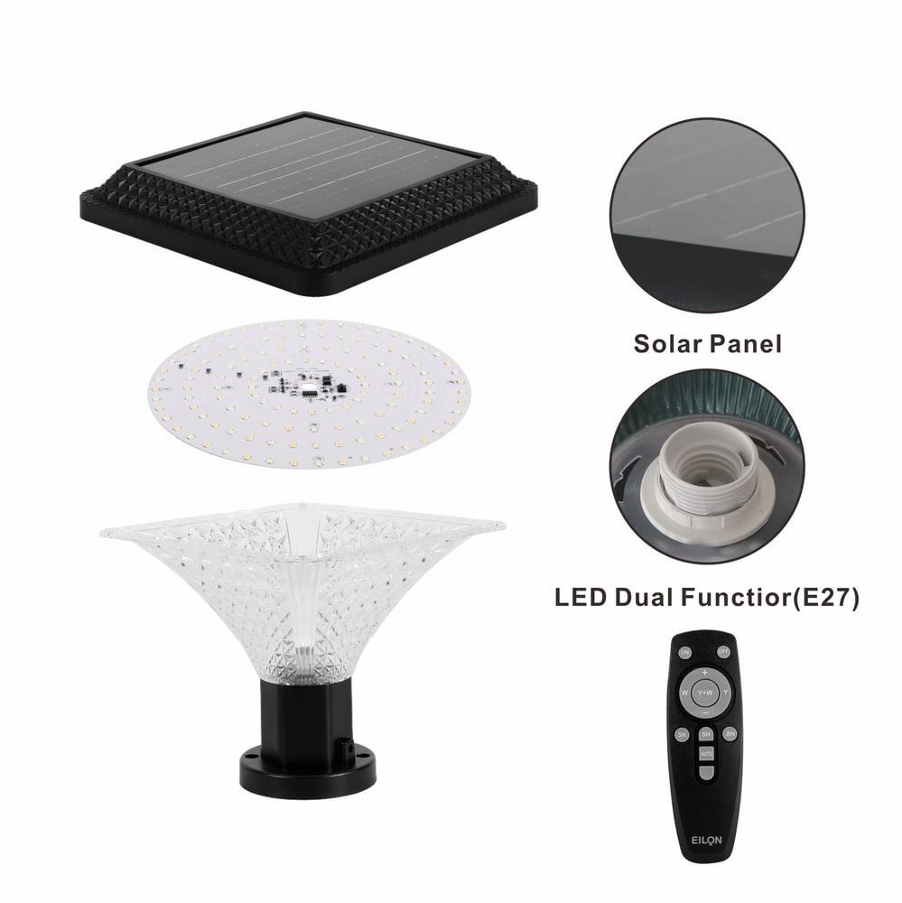 EILON โคมไฟหัวเสาโซลาร์เซลล์ Shine 50W ปรับไฟได้ 3 สี พร้อมรีโมทคอลโทรล รุ่น ETZT-SDF-ZFX สีดำ