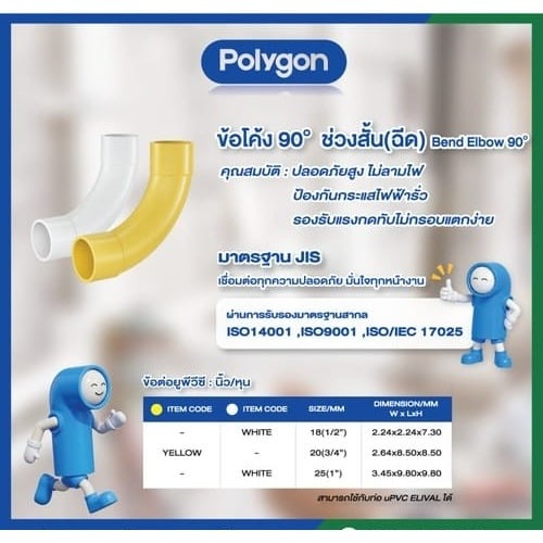 Polygon ข้อโค้ง90 ช่วงสั้น(ฉีด) ร้อยสายไฟJIS 3/4 นิ้ว(20) สีเหลือง