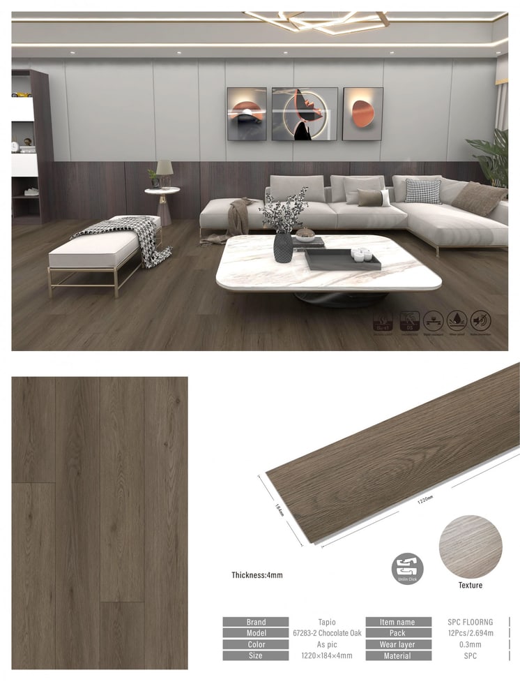 กระเบื้องยาง SPC Click lock 184x1220x4มม รุ่น 67283-2 (2.694ตรม./12แผ่น) TAPIO Chocolate Oak