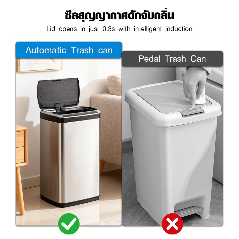 KLEANZY ถังขยะเซ็นเซอร์อัจฉริยะ 50 ลิตร รุ่น JAH5112-50L ขนาด 38x26x63 cm. สีเงิน