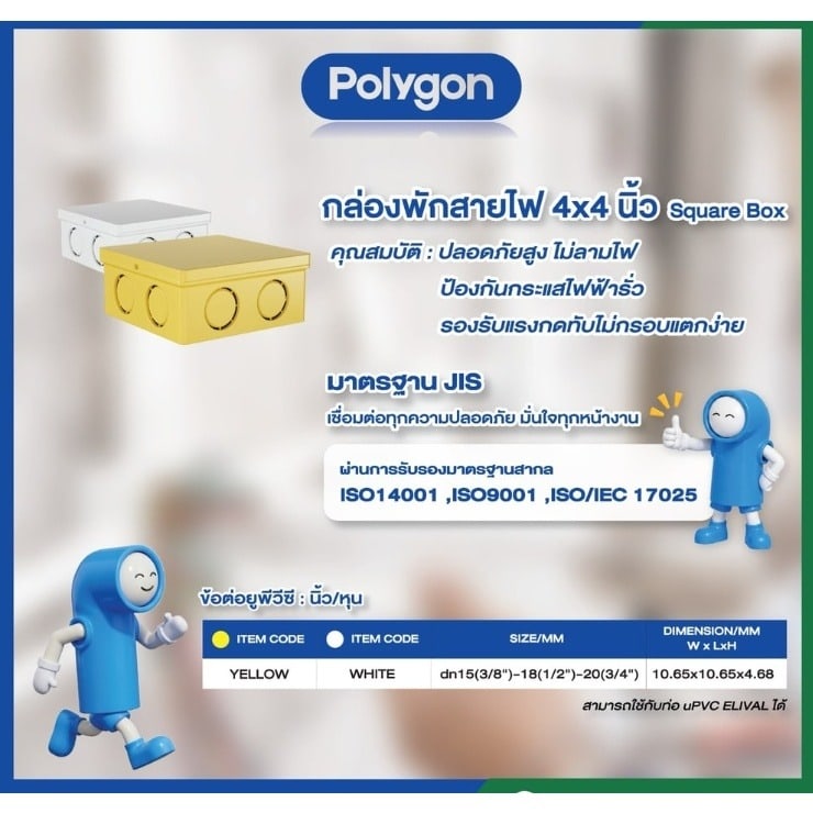 Polygon กล่องพักสายสี่เหลี่ยม 4x2 สีเหลือง