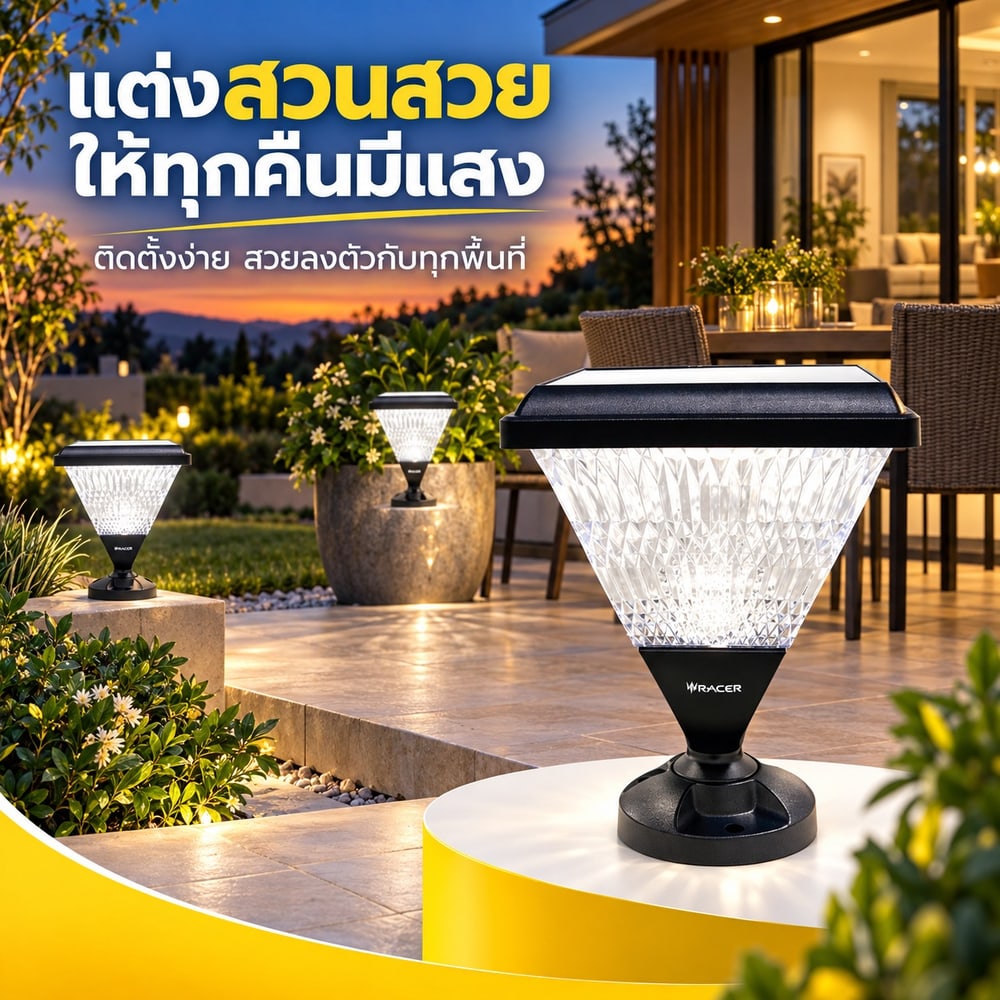 RACER โคมไฟหัวเสาโซล่าเซลล์ แอลอีดี รุ่น มิลาโน่5 55 วัตต์ สามแสง