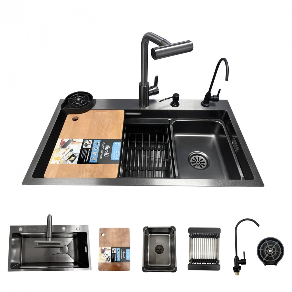 KOCH KITCHEN อ่างล้างจานฝังบน 1 หลุมไม่มีที่พัก 304SS 80X45X22 ซม. GENTLE สีดำ