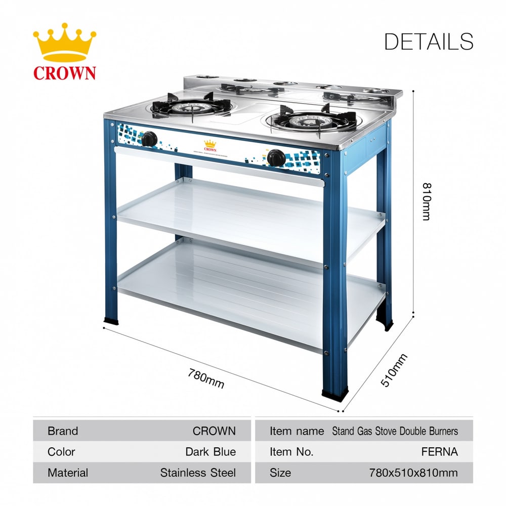 CROWN เตาแก๊สพร้อมขาหน้าสเตนเลส 2 หัวเตา FERNA สีน้ำเงิน