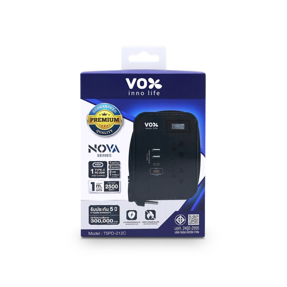 VOX รางปลั๊กไฟ 2 ช่อง 1 สวิตซ์ 2 USB 2 Type C PD20W Fast charge รุ่น F5ST3-NOB2-2134 1 เมตร. สีดำ