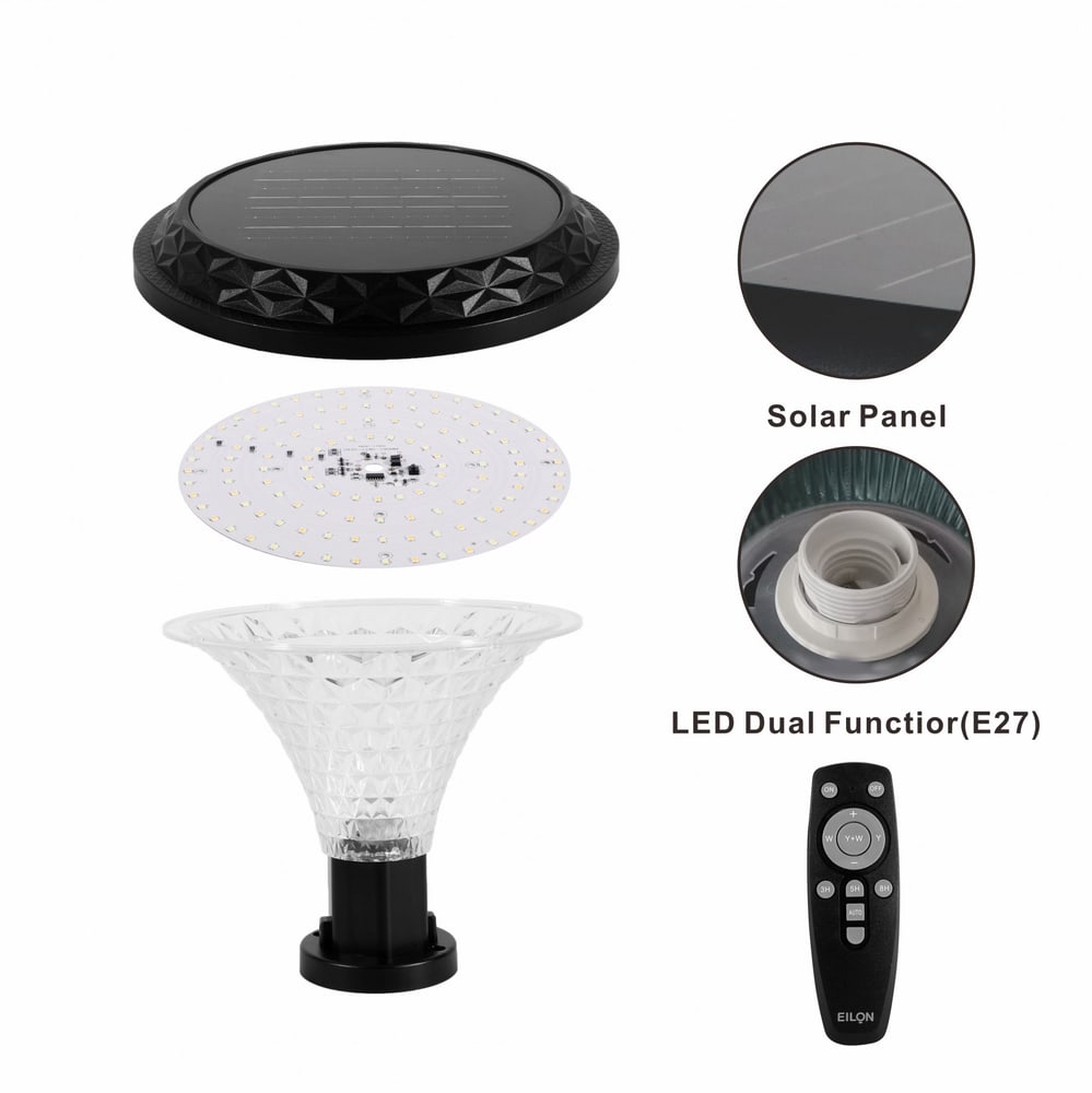 EILON โคมไฟหัวเสาโซลาร์เซลล์ Glow 50W ปรับไฟได้ 3 สี พร้อมรีโมทคอลโทรล รุ่น ETZT-SDY-YX สีดำ