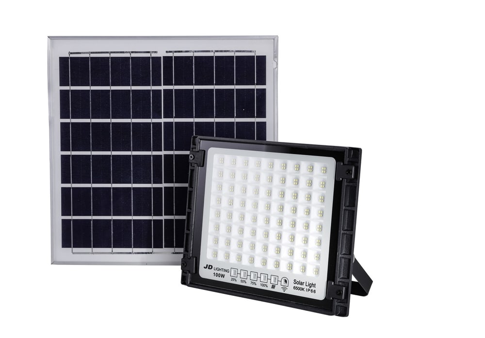 JD โคมไฟสปอร์ตไลท์โซลาร์เซลล์ 100W พร้อมรีโมท รุ่น JTGD-88100D +รีโมท IP65 แสงเดย์ไลท์