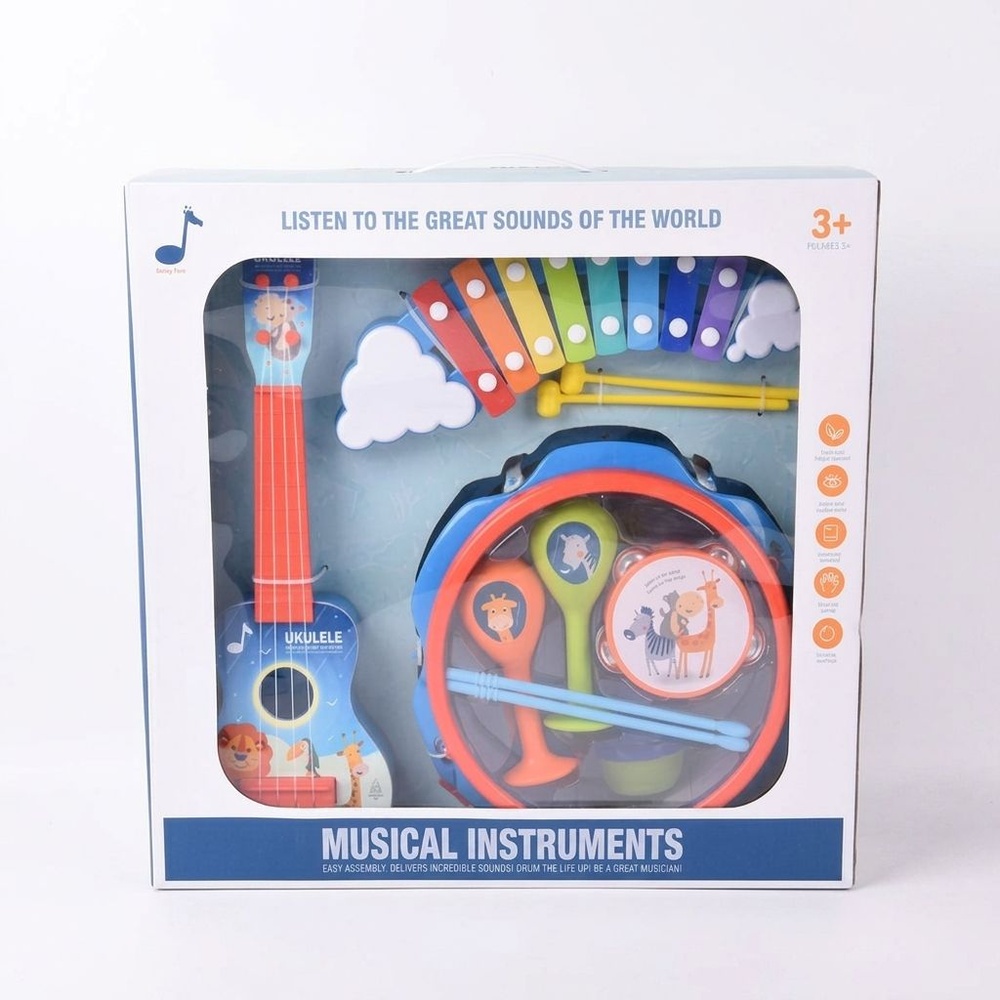 TOYS ของเล่นชุดกลองพร้อมเครื่องดนตรีลายสัตว์น่ารัก 7ชิ้น#3810 ขนาด 48x12x45 ซม.