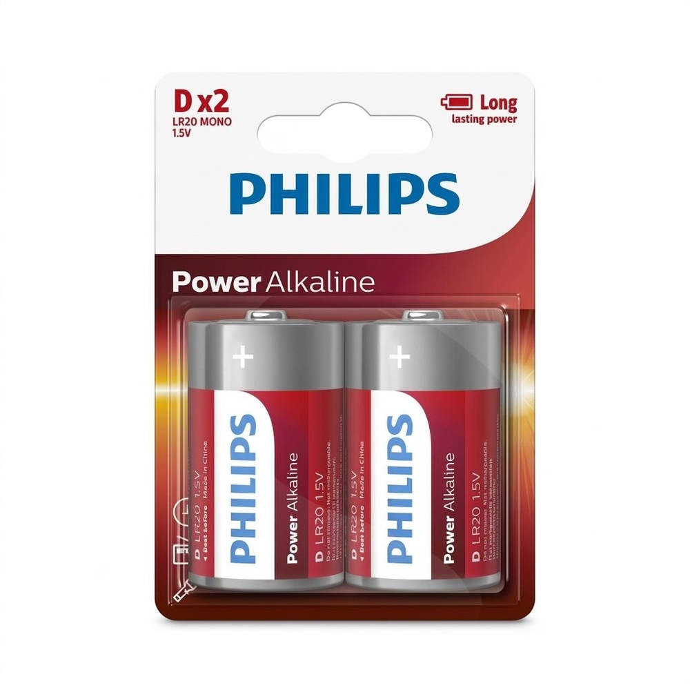 PHILIPS ถ่านไฟฉายอัลคาไลน์ Power Alkaline D 2 ก้อน 1.5V สีไวน์แดง