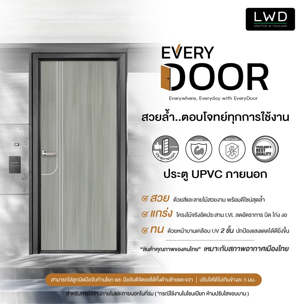 ประตูยูพีวีซีภายนอก EveryDoor รุ่น Pro สี Light Grey ลาย 2 ขนาด 80x200 ซม.