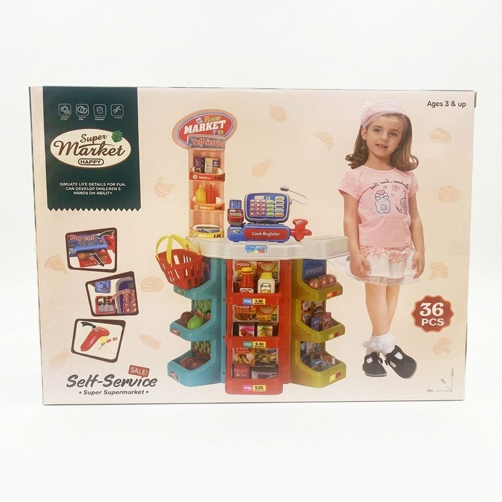 TOYS ของเล่นชุดโต๊ะซุปเปอร์มาร์เก็ต พร้อมตะกร้าและอุปกรณ์ #2393 ขนาด 49x18x61.5 ซม.คละสี