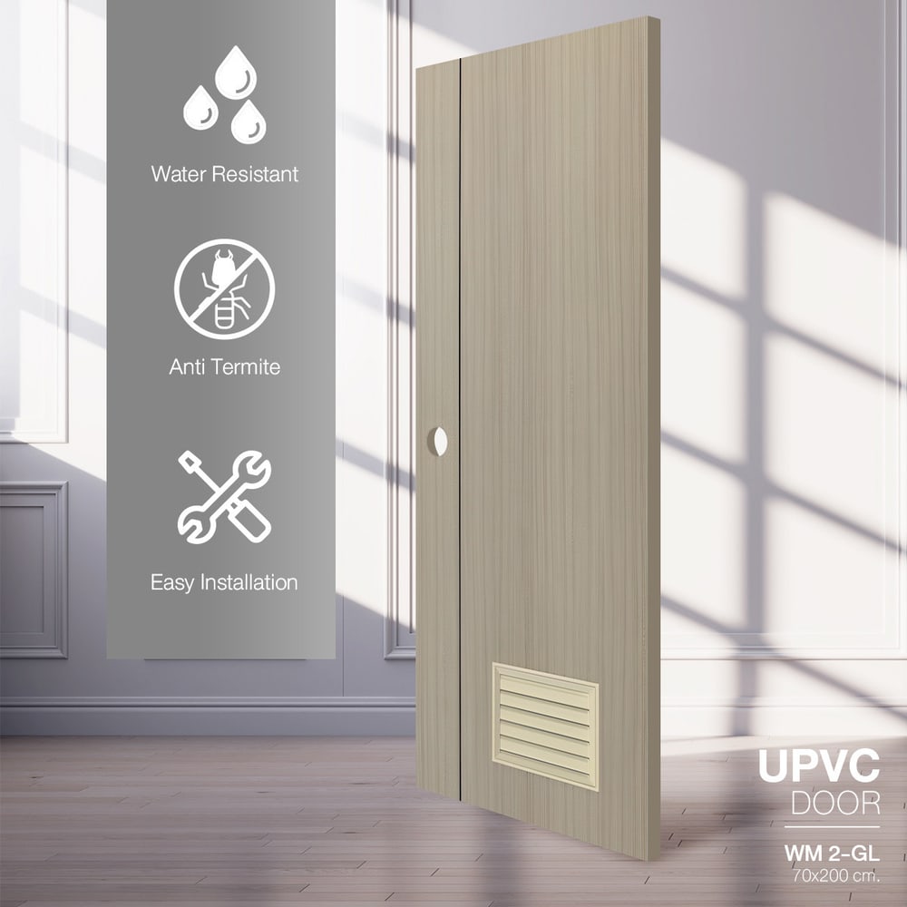 WELLINGTAN ประตู UPVC Profile รุ่น WT2-GL (สำหรับใช้ห้องน้ำภายใน) เซาะร่องเส้นดำ เกล็ดล่าง ขนาด 70x200 ซม. สีเมเปิ้ล (เจาะลูกบิด)
