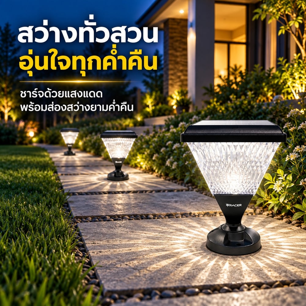 RACER โคมไฟหัวเสาโซล่าเซลล์ แอลอีดี รุ่น มิลาโน่5 55 วัตต์ สามแสง