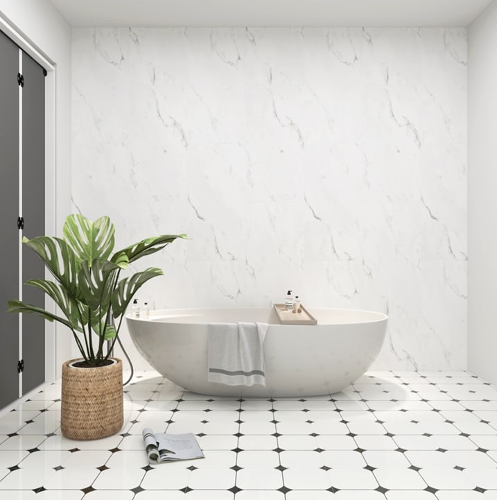 แผ่นปูผนัง SPC Click lock Wall Panel 950x475x4มม รุ่น 360-1 White Carrara Marble (2.7075ตรม./6แผ่น) TAPIO (Smooth)
