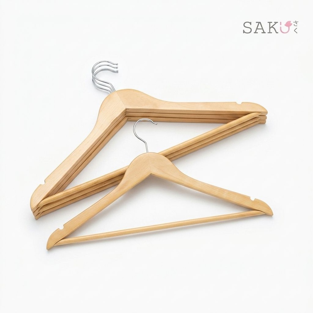 SAKU ไม้แขวนเสื้อไม้ ขนาด 44.5×1.2×23ซม. รุ่น AY05 สีไม้ บรรจุ 5ชิ้น/แพ็ค
