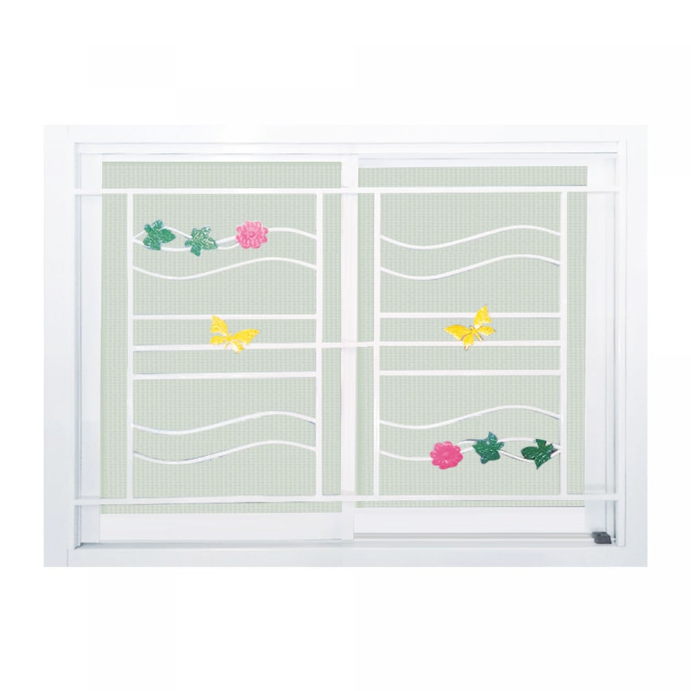 WELLINGTAN (LIKE) หน้าต่างอะลูมิเนียมพร้อมเหล็กดัด บานเลื่อน SS 100x100ซม. สีขาว พร้อมมุ้ง (ใบไม้ผีเสื้อ)