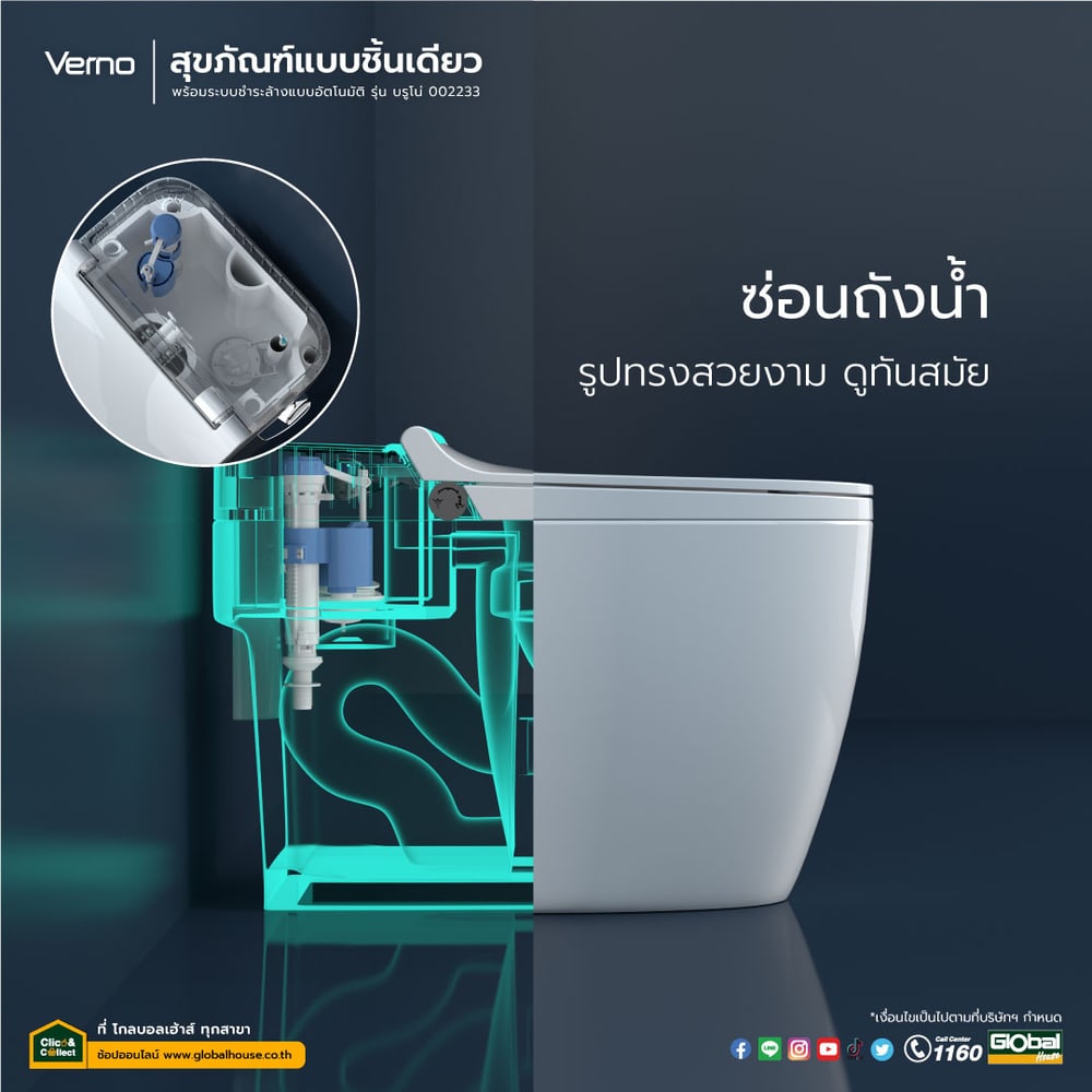 Verno สุขภัณฑ์แบบชิ้นเดียว พร้อมระบบชำระล้างแบบอัตโนมัติ รุ่น บรูโน่ 002233