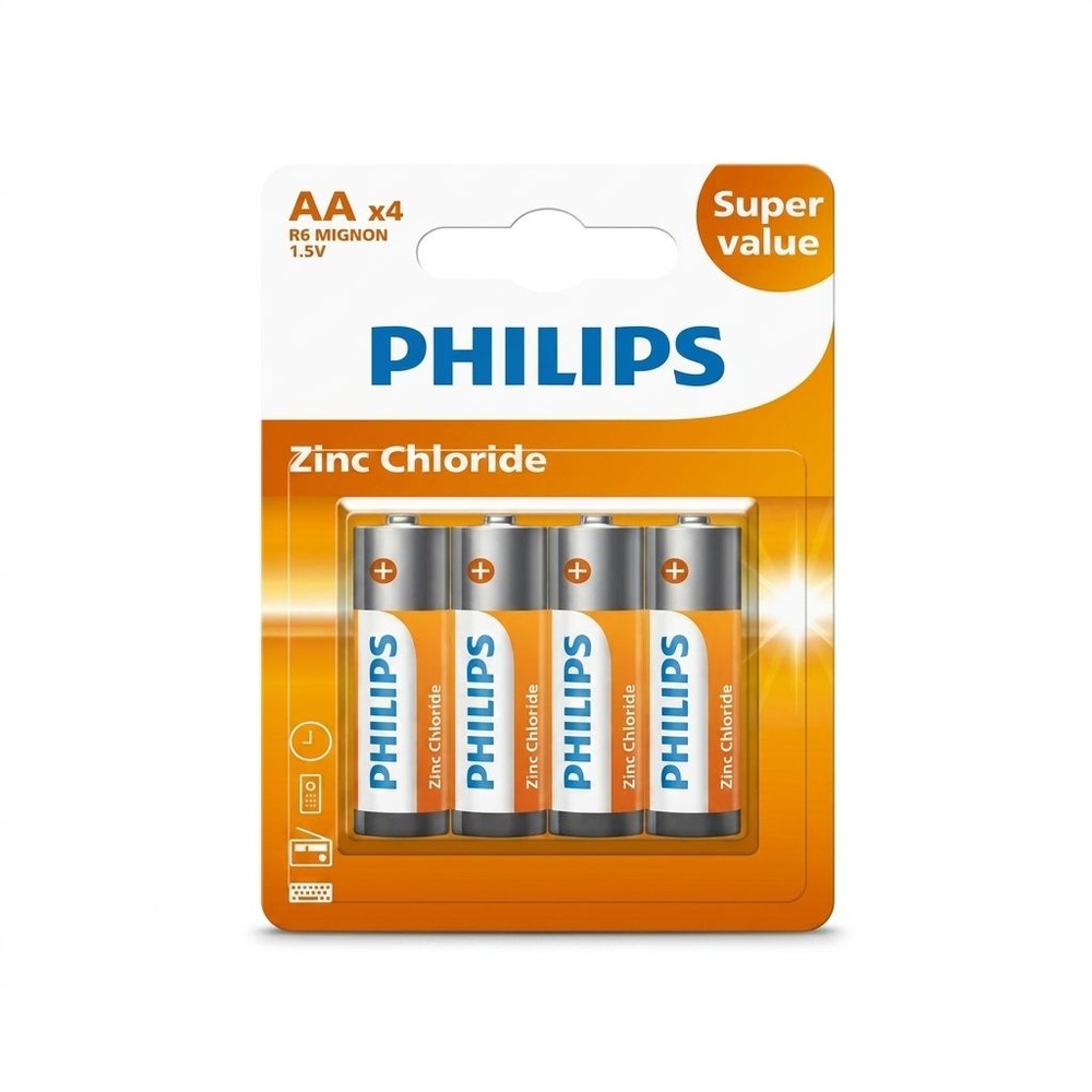PHILIPS ถ่านไฟฉาย Zinc Chloride AA (R6G4B/97) 4 ก้อน 1.5V สีส้ม