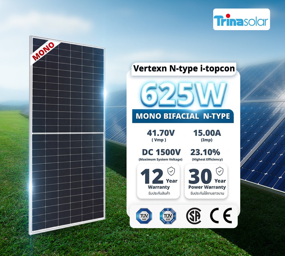 Trina แผงโซล่าเซลล์ 625W MONOCRYSTALLINE รุ่น TSM-NEG19RC.20 N-Type Bifacila สีดำ