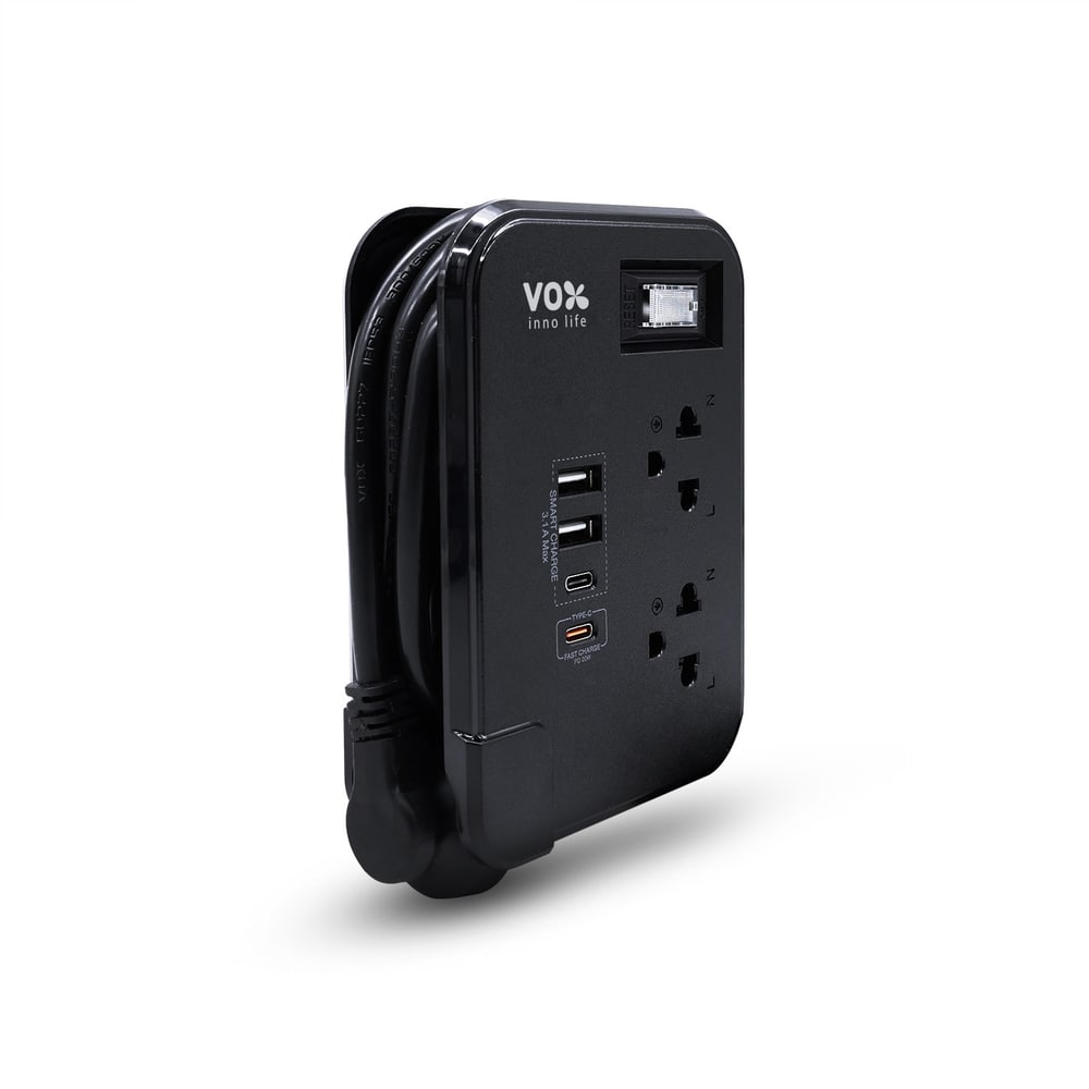 VOX รางปลั๊กไฟ 2 ช่อง 1 สวิตซ์ 2 USB 2 Type C PD20W Fast charge รุ่น F5ST3-NOB2-2134 1 เมตร. สีดำ