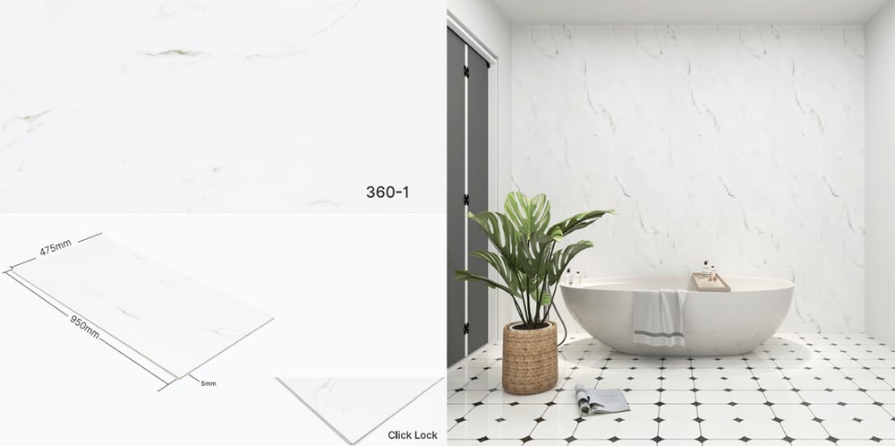 แผ่นปูผนัง SPC Click lock Wall Panel 950x475x4มม รุ่น 360-1 White Carrara Marble (2.7075ตรม./6แผ่น) TAPIO (Smooth)