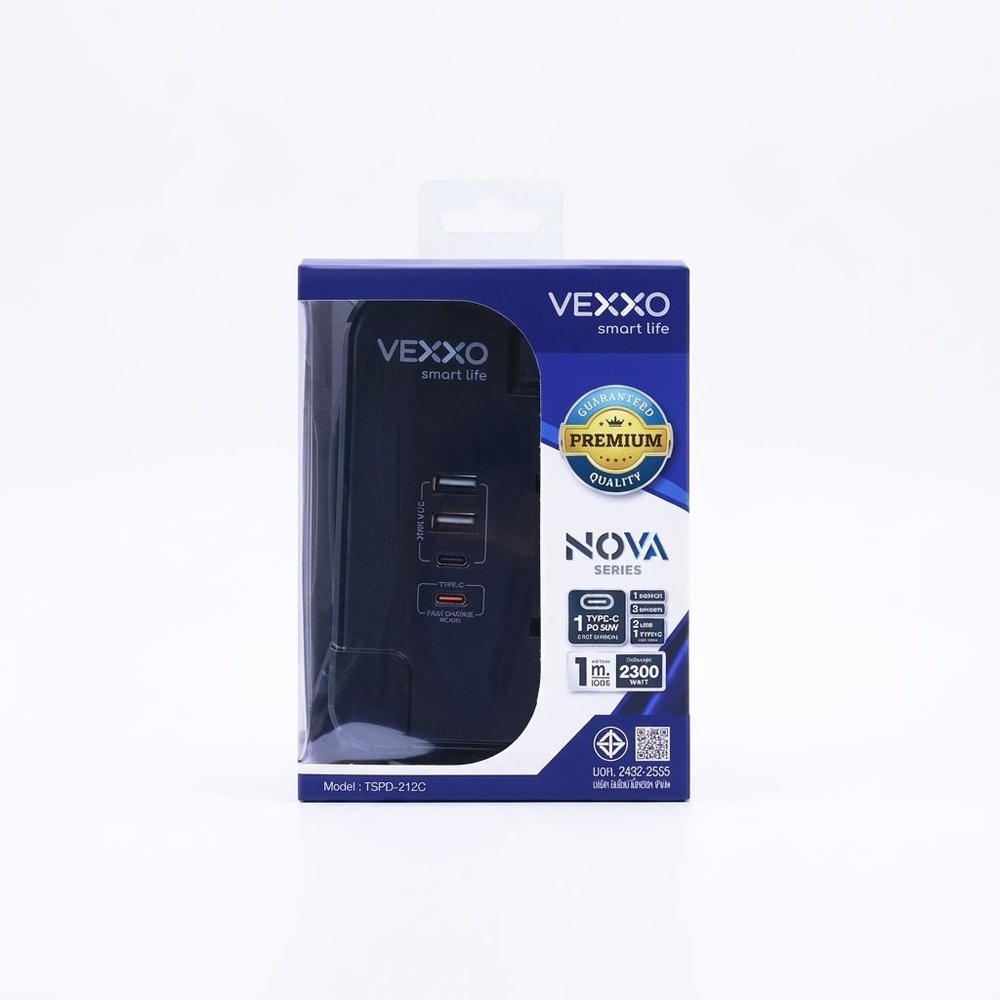 VOX รางปลั๊กไฟ 2 ช่อง 1 สวิตซ์ 2 USB 2 Type C PD20W Fast charge รุ่น F5ST3-NOB2-2134 1 เมตร. สีดำ