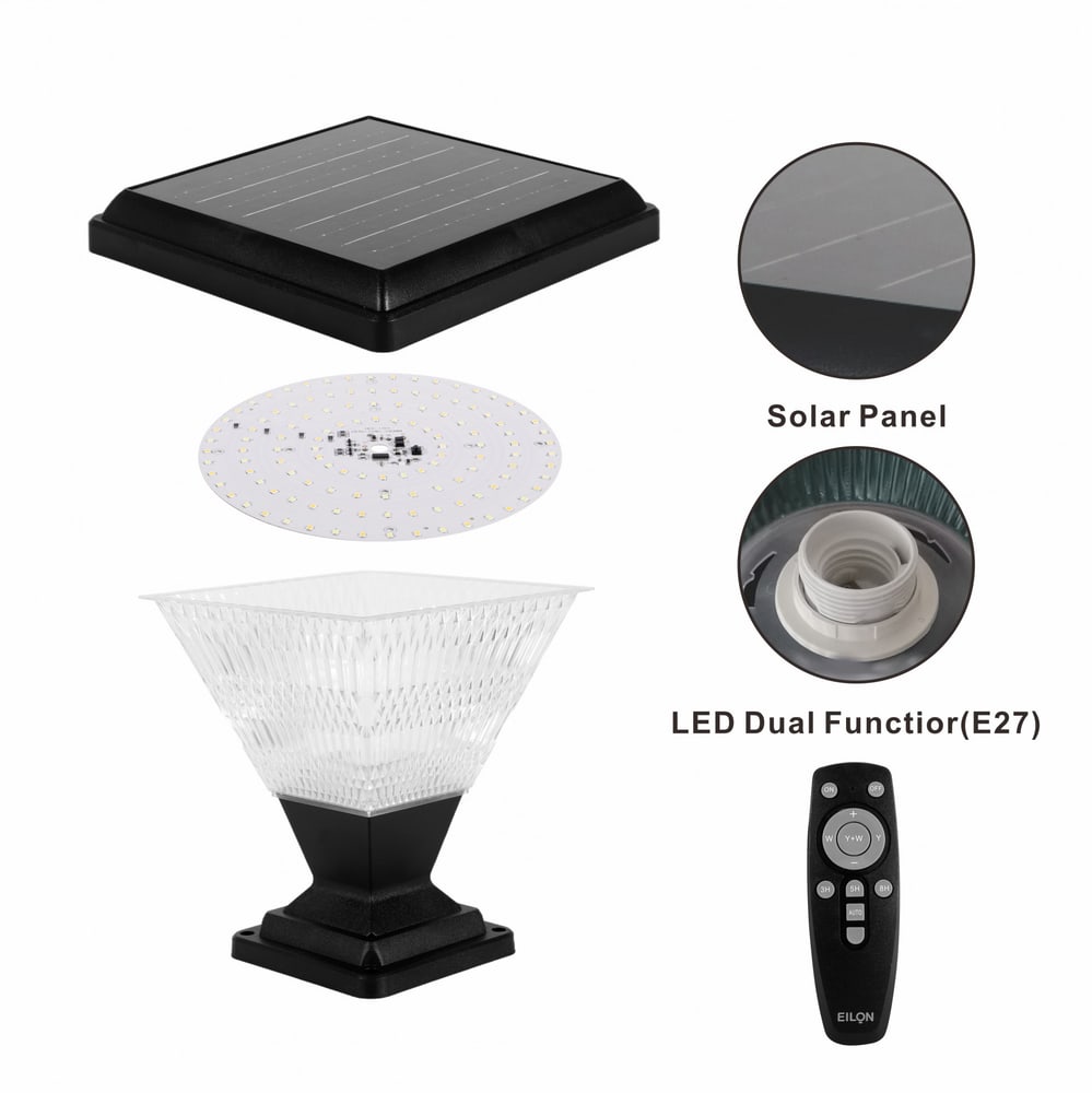 EILON โคมไฟหัวเสาโซลาร์เซลล์ Nova_S 20W ปรับไฟได้ 3 สี พร้อมรีโมทคอลโทรล รุ่น ETZT-DF225-BLW สีดำ