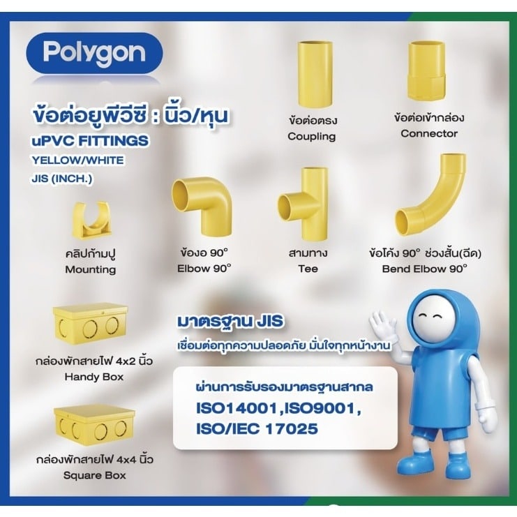 Polygon ข้องอ90 ร้อยสายไฟJIS 1/2 นิ้ว(18) สีเหลือง
