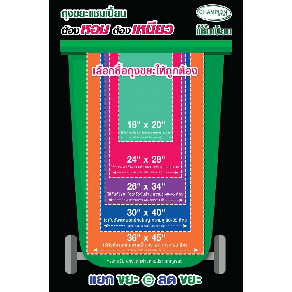 Champion ถุงขยะ recycle แบบมาตรฐาน 18x20 นิ้ว บรรจุ 50 ใบ สีดำ