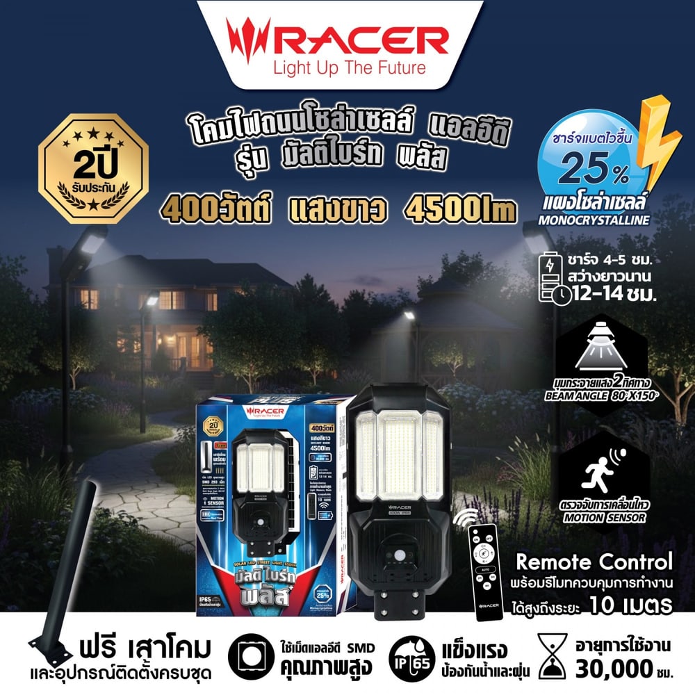 RACER โคมไฟถนนโซลาร์เซลล์ LED 400W รุ่น มัลติไบรท์ พลัส แสงขาว