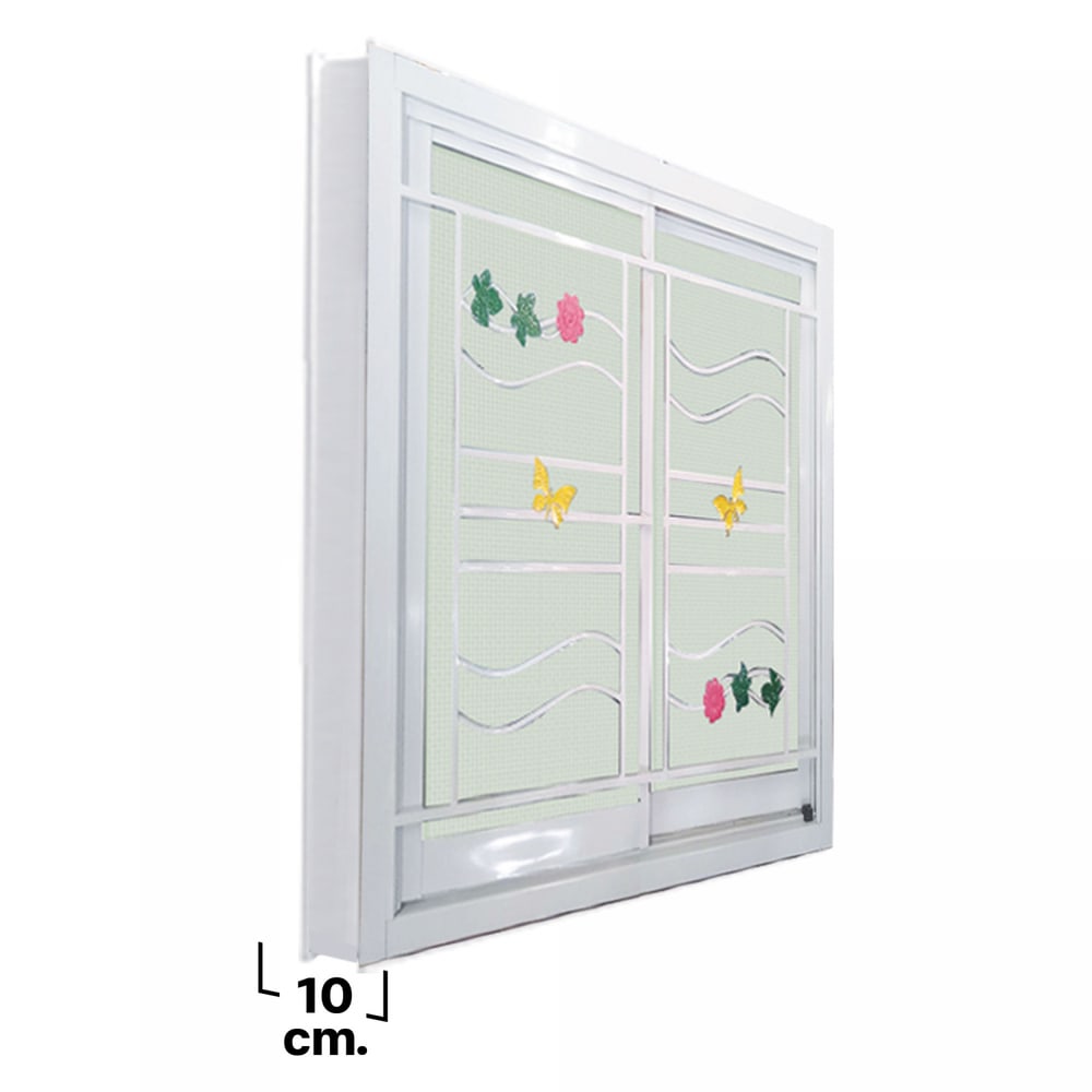 WELLINGTAN (LIKE) หน้าต่างอะลูมิเนียมพร้อมเหล็กดัด บานเลื่อน SS 100x100ซม. สีขาว พร้อมมุ้ง (ใบไม้ผีเสื้อ)